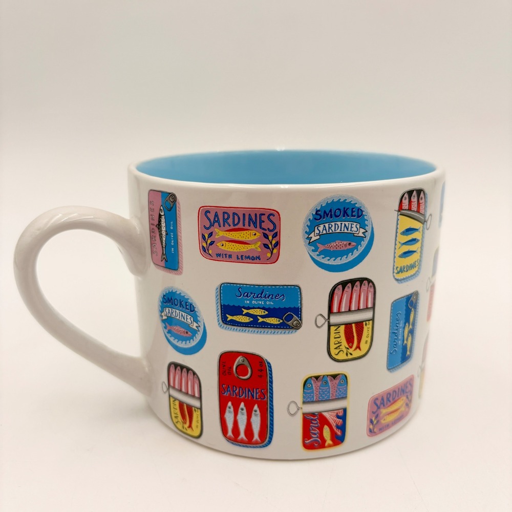Prima Design Sardine Can Pattern Mug Blue Interior Dishwasher Microwave Safe